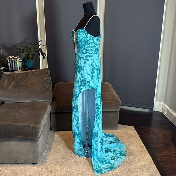 Women’s Blue Mermaid Fit Prom Party Dress Sparkly Sequins Leg Slit Size 12 - Picture 4 of 12